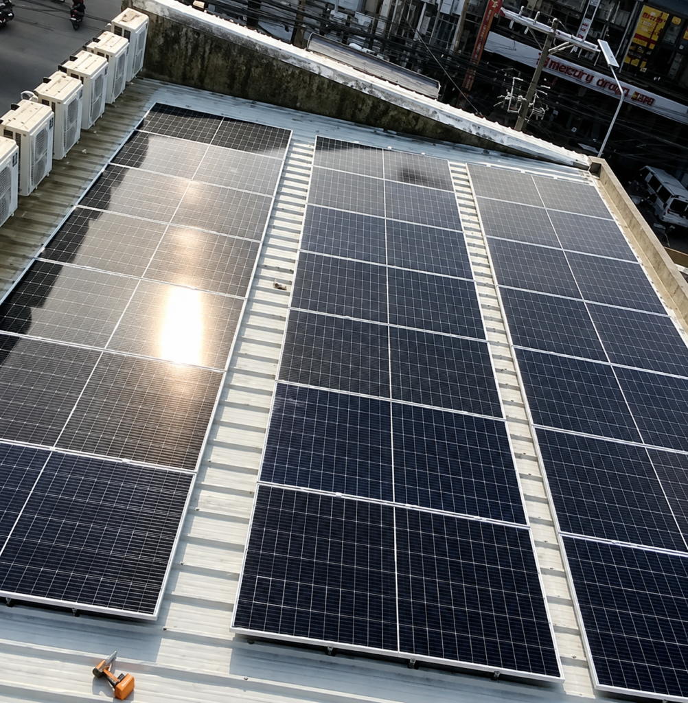 Rooftop solar panels catching sunlight at the 4D Ventures Mining Company office