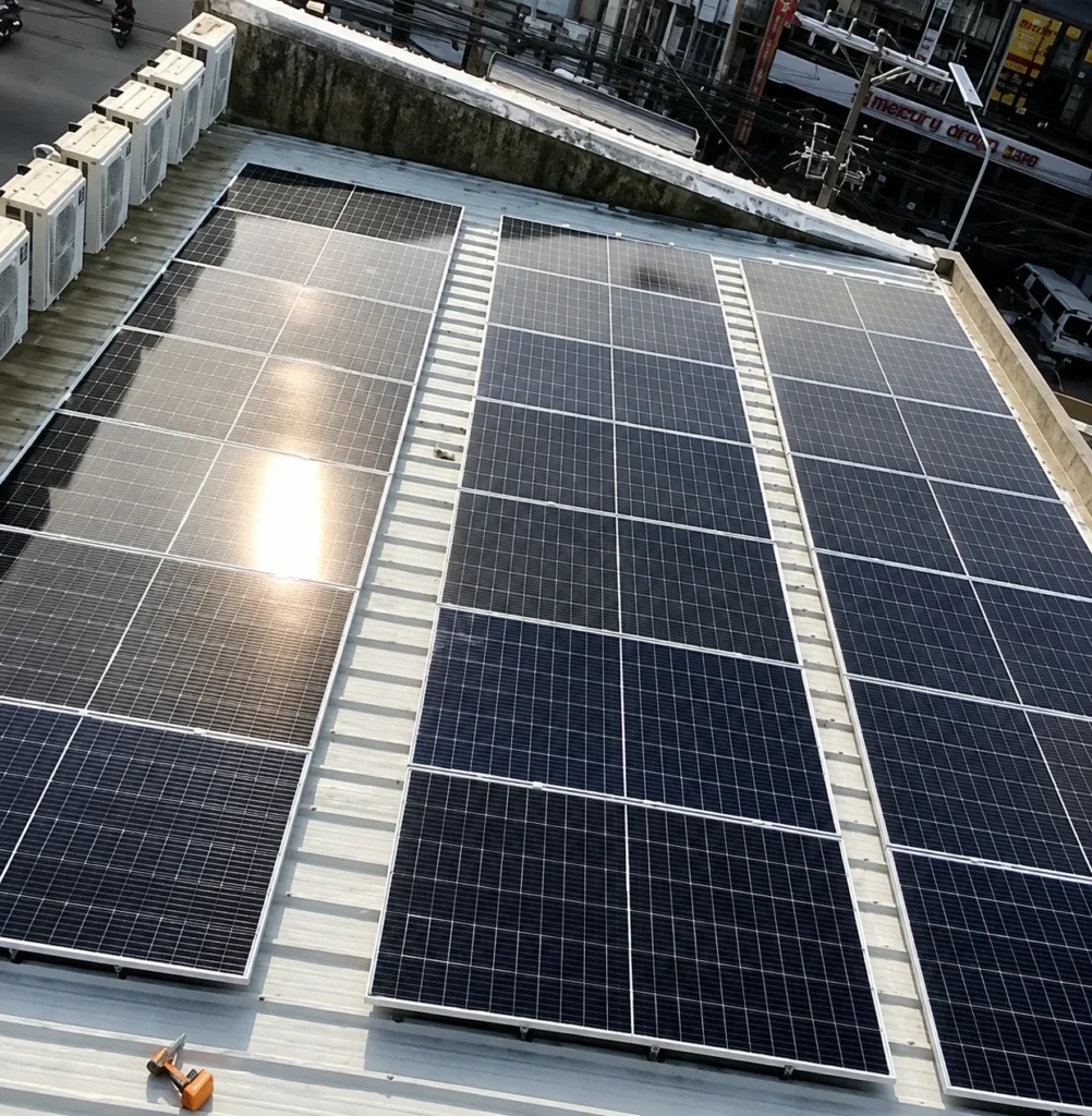 Rooftop solar panels catching sunlight at the 4D Ventures Mining Company office