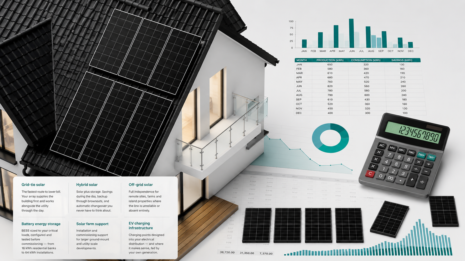 Illustration of a house with rooftop solar panels beside a calculator and savings charts