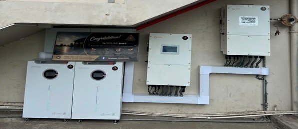 Two wall-mounted solar inverters installed and labelled after commissioning